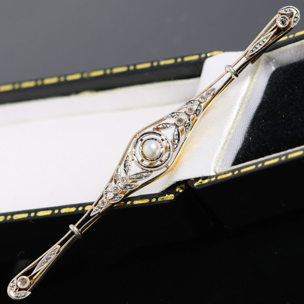 Złota broszka z perłą i diamentami Edwardiańska 18K