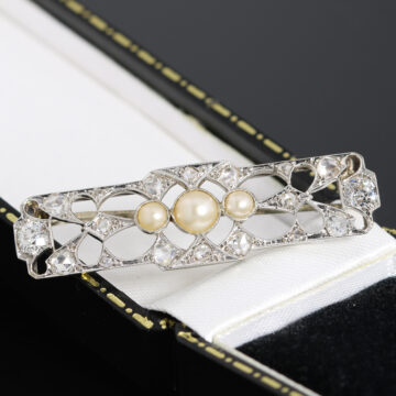 Złota broszka z perełkami i diamentami 1.05ct Art Deco 14K