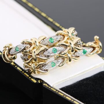 Złota bransoletka ze szmaragdami i diamentami 18,5cm nietypowa 9K