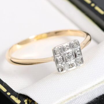 Złoty pierścionek z diamentami kwadratowy Art Deco Antyk 18K
