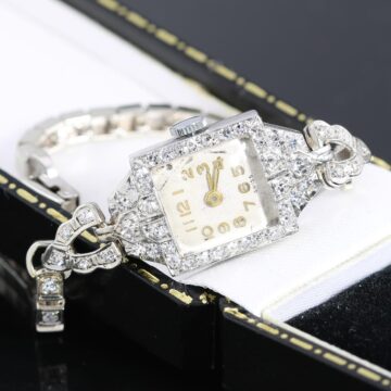 Platynowy zegarek z diamentami 0.89ct koktajlowy Art Deco bransoleta 14K