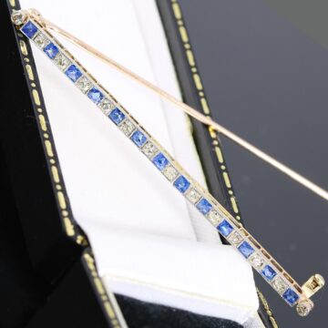 Złota broszka z szafirami i diamentami 0.36ct Art Deco 14K